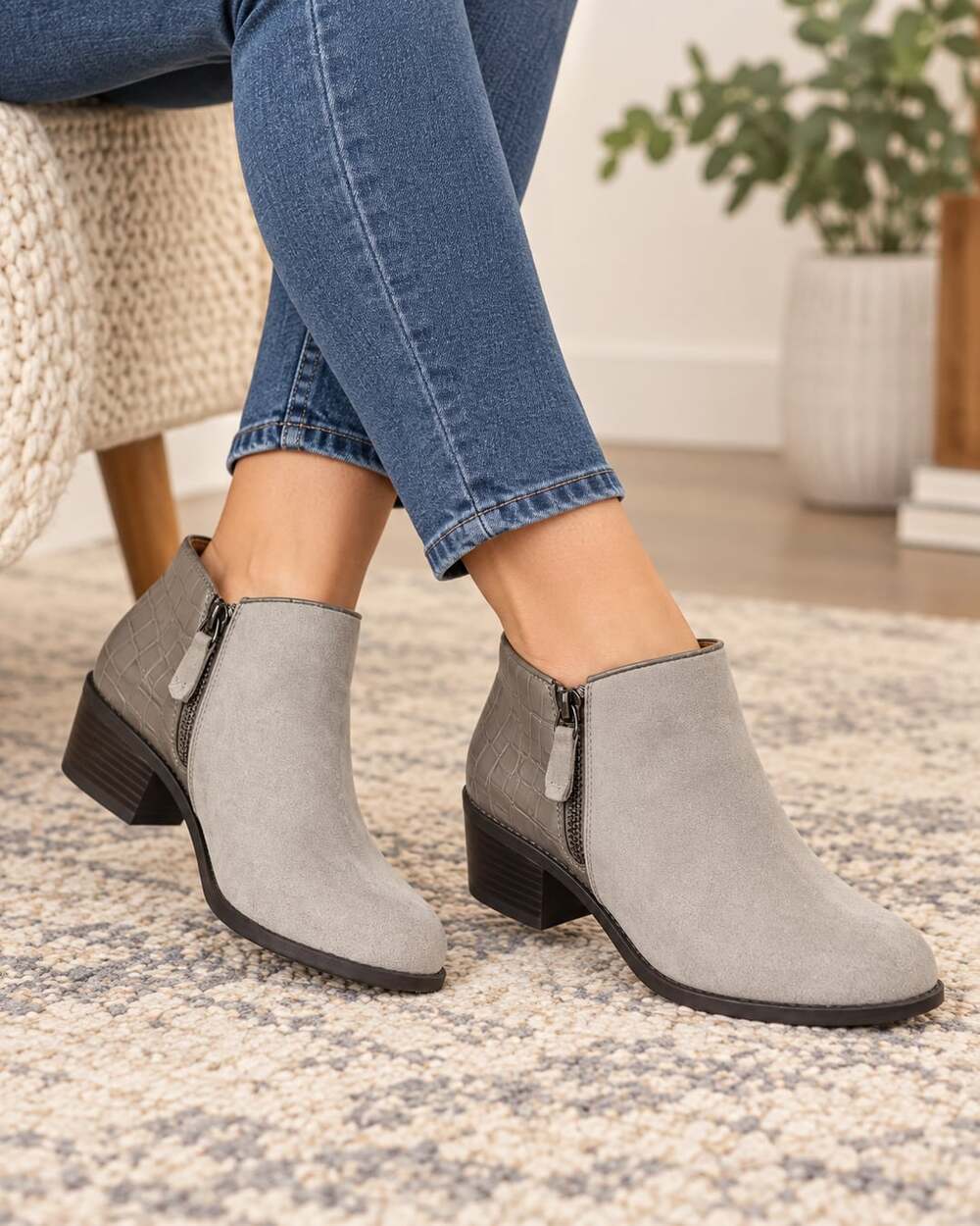 Vionic Marissa Suede Embossed Ankle Booties Gray